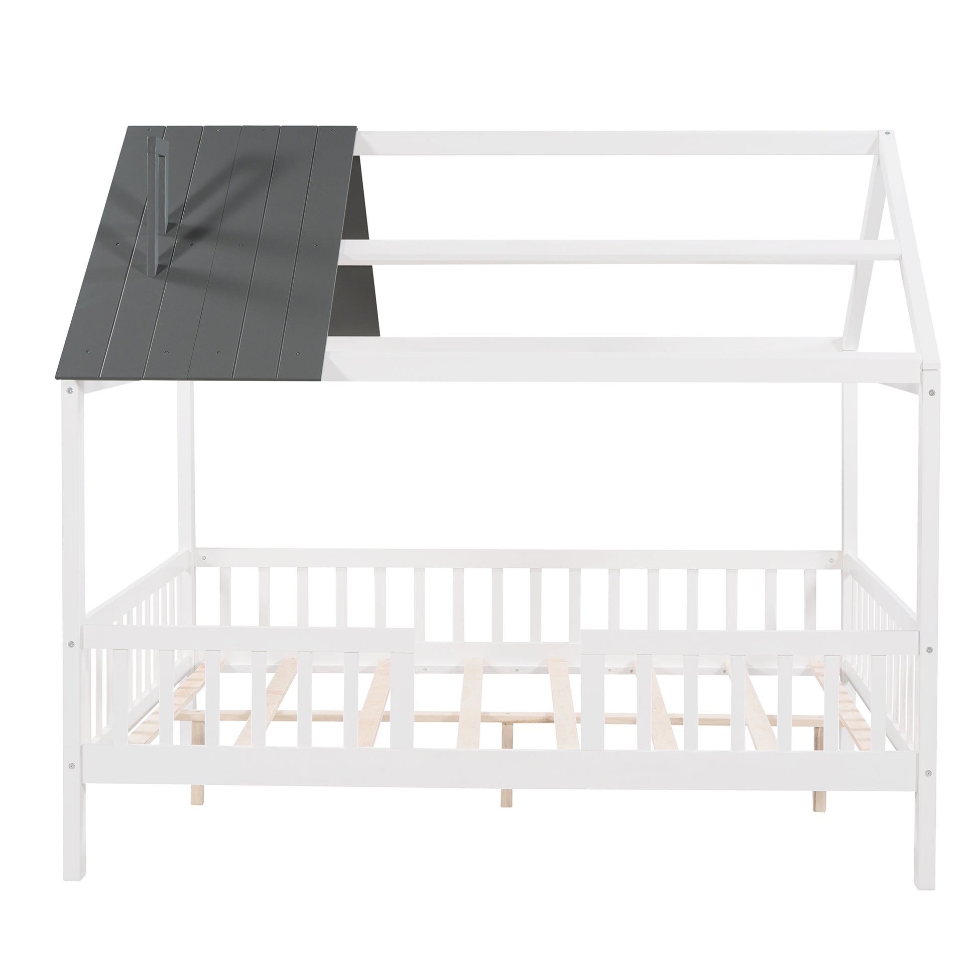 Full Size Wood House Bed With Fence, White Gray White Solid Wood