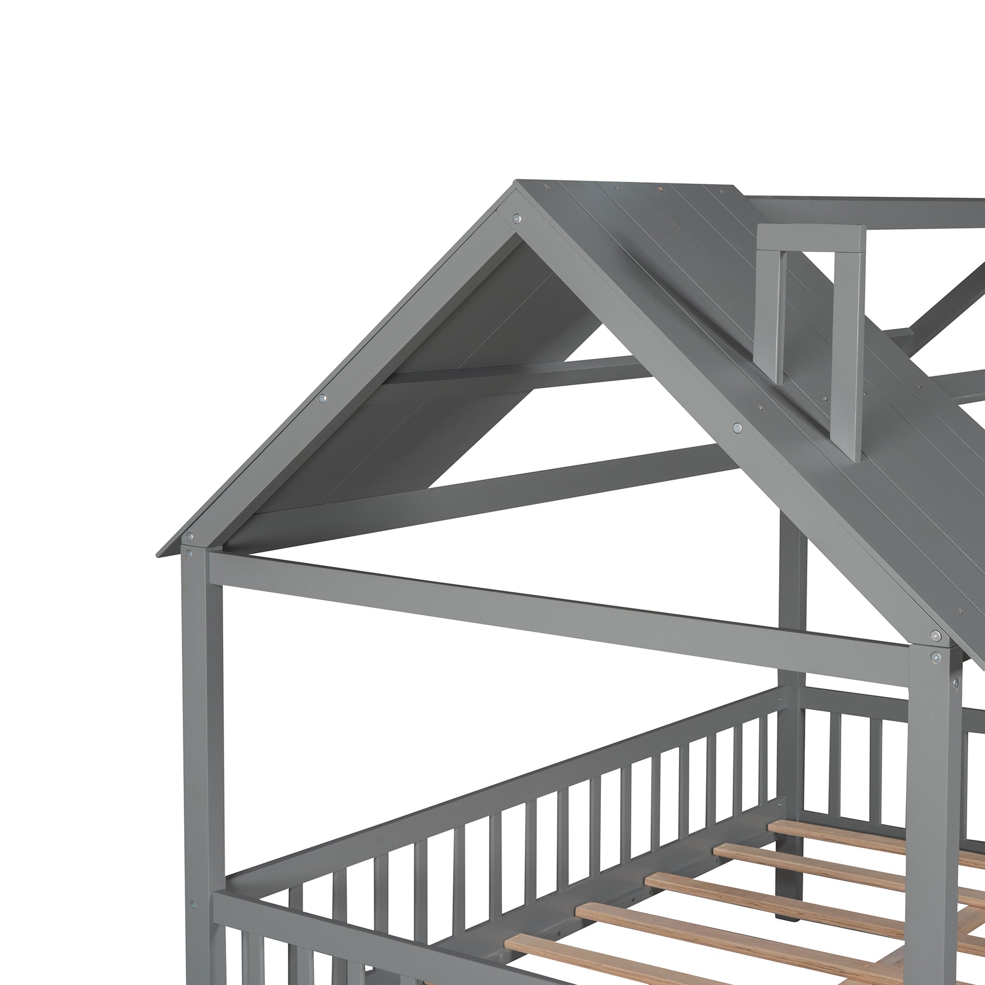 Full Size Wood House Bed With Fence, Gray Gray Solid Wood