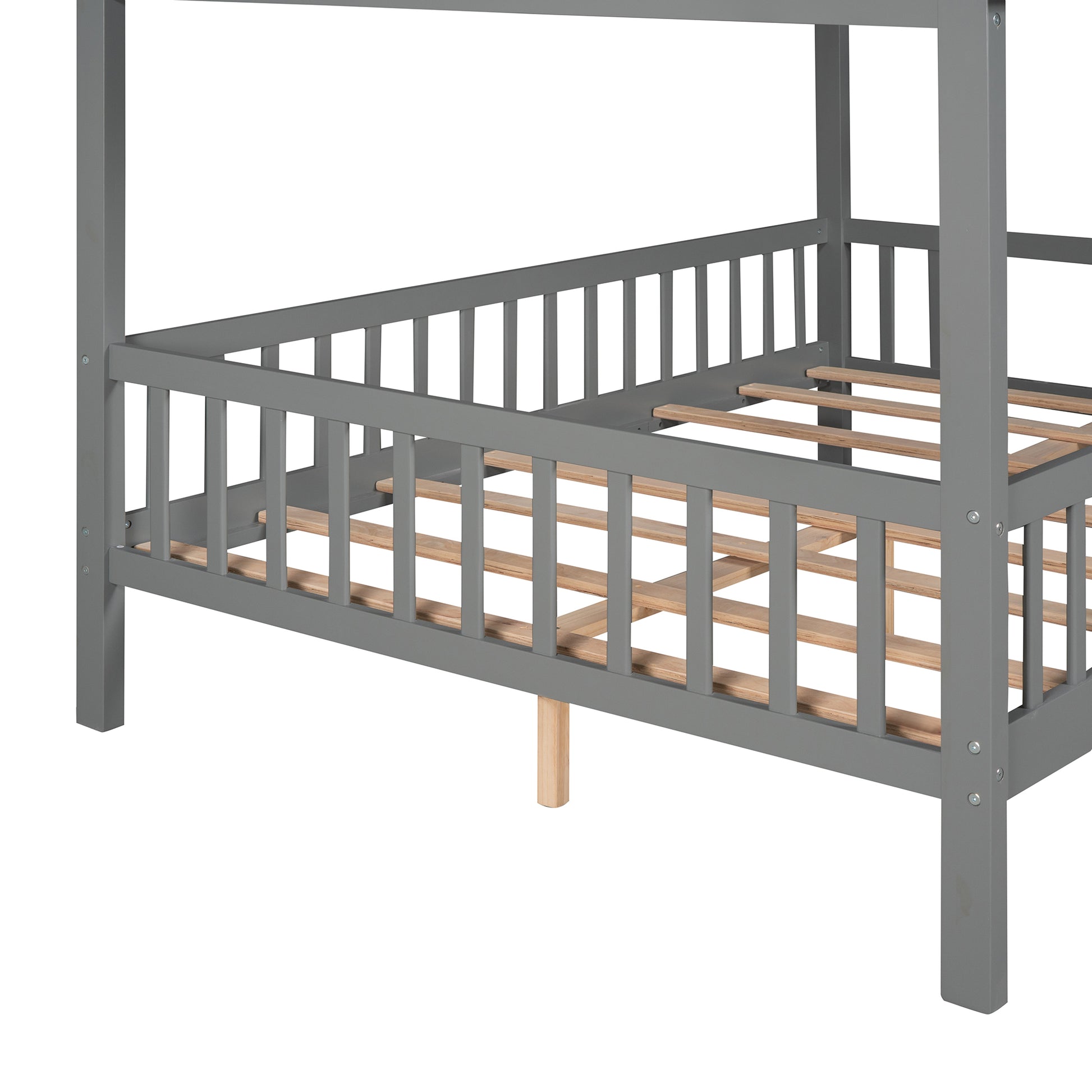 Full Size Wood House Bed With Fence, Gray Gray Solid Wood