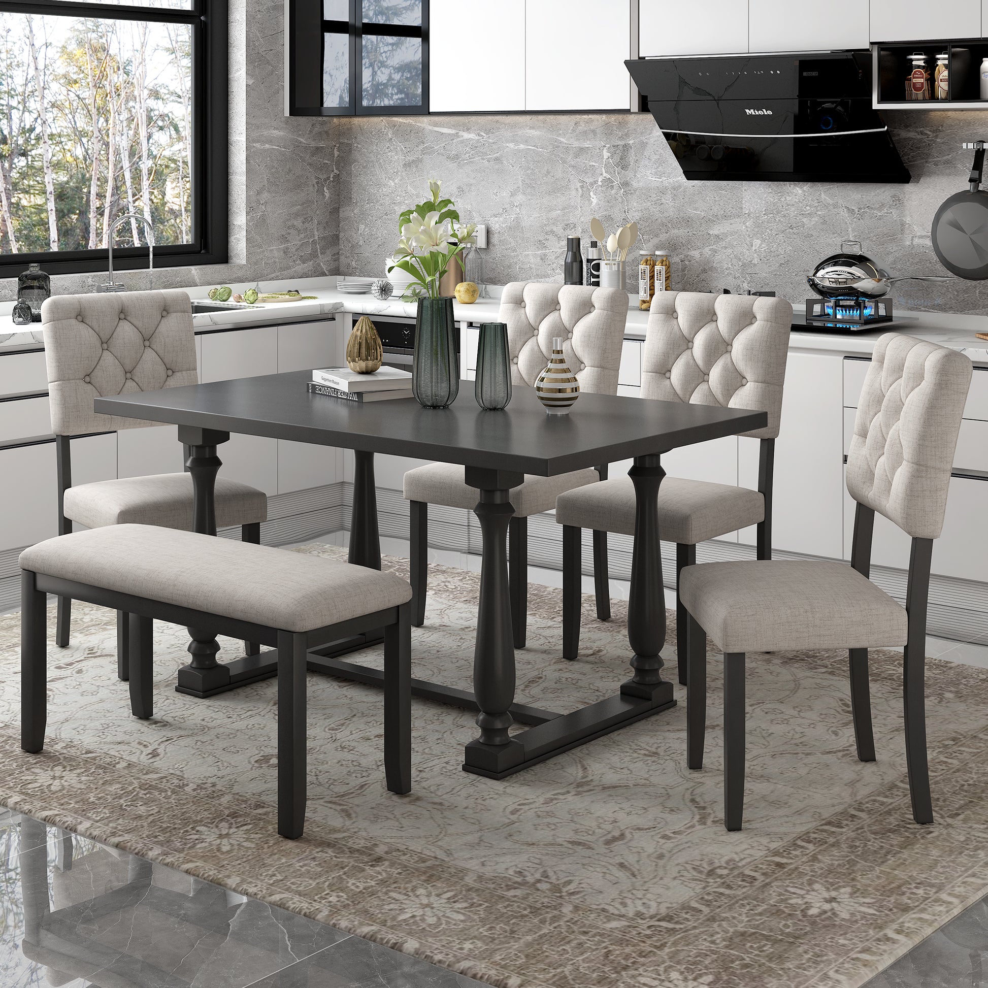 6 Piece Dining Table And Chair Set With Special Shaped Legs And Foam Covered Seat Backs&Cushions For Dining Room Gary Gray Solid Wood