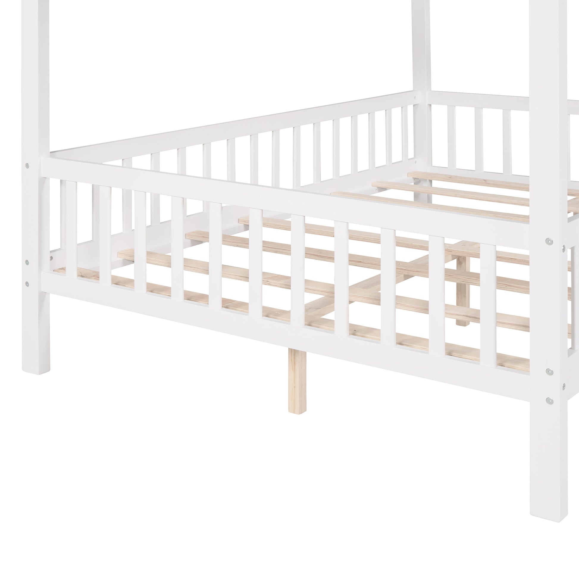 Full Size Wood House Bed With Fence, White Gray White Solid Wood