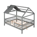 Full Size Wood House Bed With Fence, Gray Gray Solid Wood