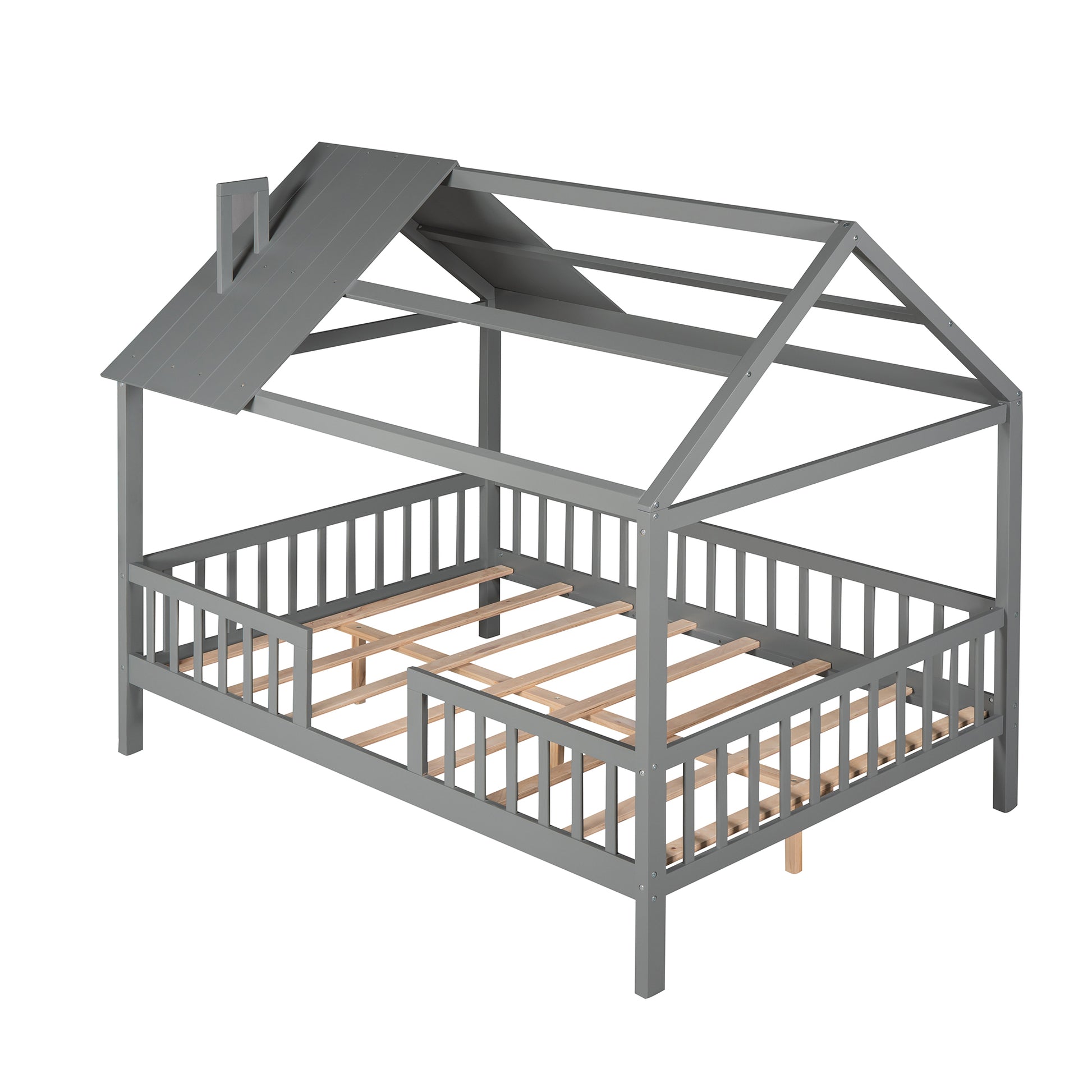 Full Size Wood House Bed With Fence, Gray Gray Solid Wood