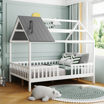 Full Size Wood House Bed With Fence, White Gray White Solid Wood