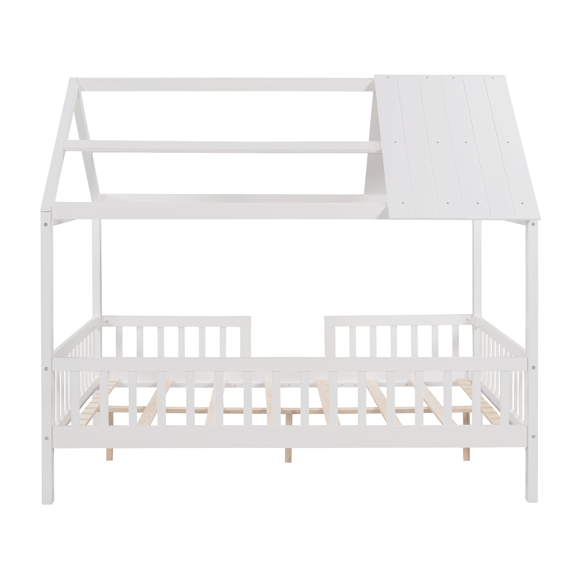 Full Size Wood House Bed With Fence, White White Solid Wood