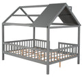 Full Size Wood House Bed With Fence, Gray Gray Solid Wood