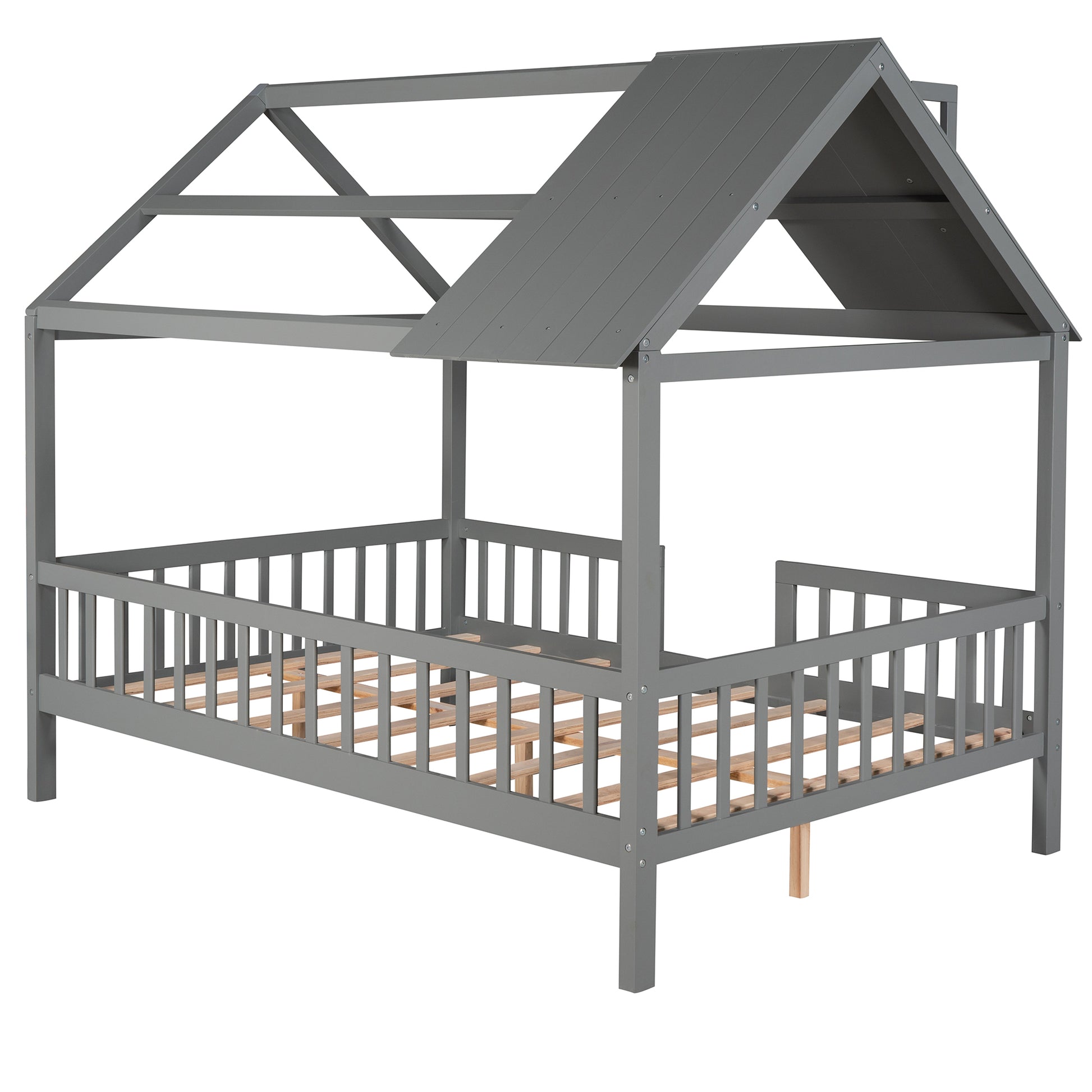 Full Size Wood House Bed With Fence, Gray Gray Solid Wood