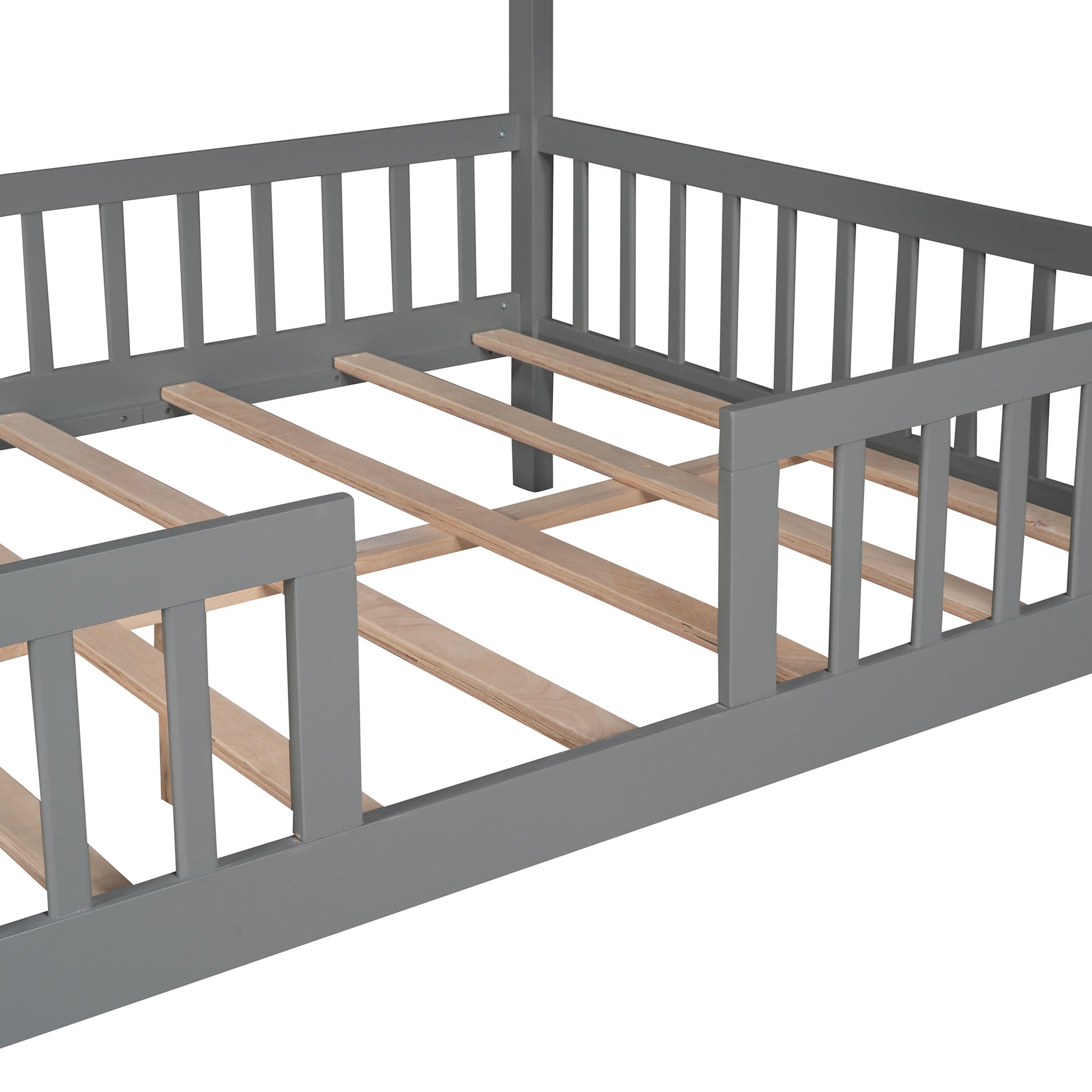 Full Size Wood House Bed With Fence, Gray Gray Solid Wood
