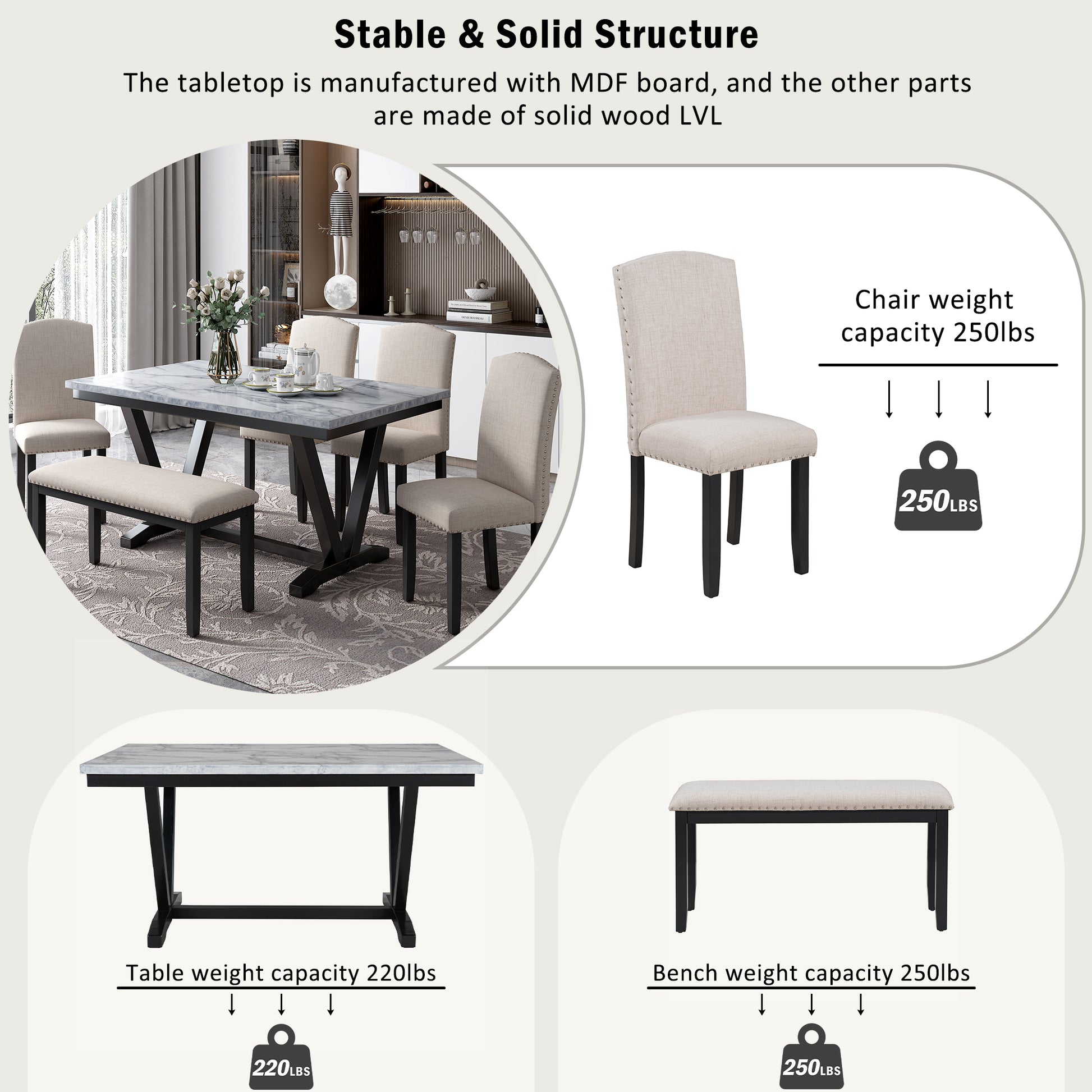 Modern Style 6 Piece Dining Table With 4 Chairs & 1 Bench, Table With Marbled Veneers Tabletop And V Shaped Table Legs White White Solid Wood