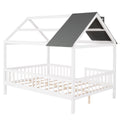 Full Size Wood House Bed With Fence, White Gray White Solid Wood