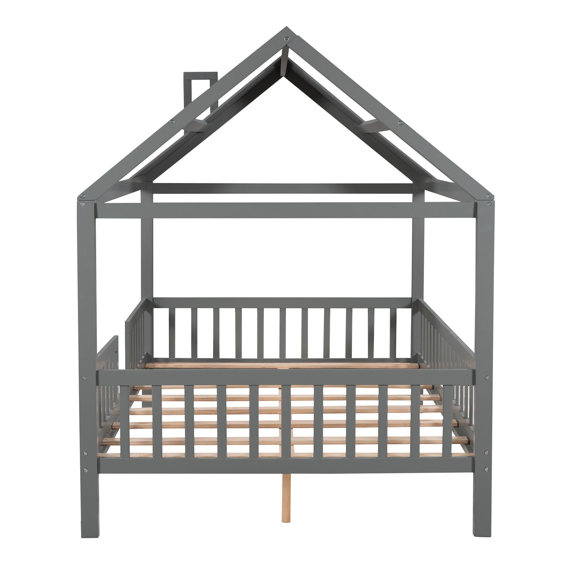 Full Size Wood House Bed With Fence, Gray Gray Solid Wood