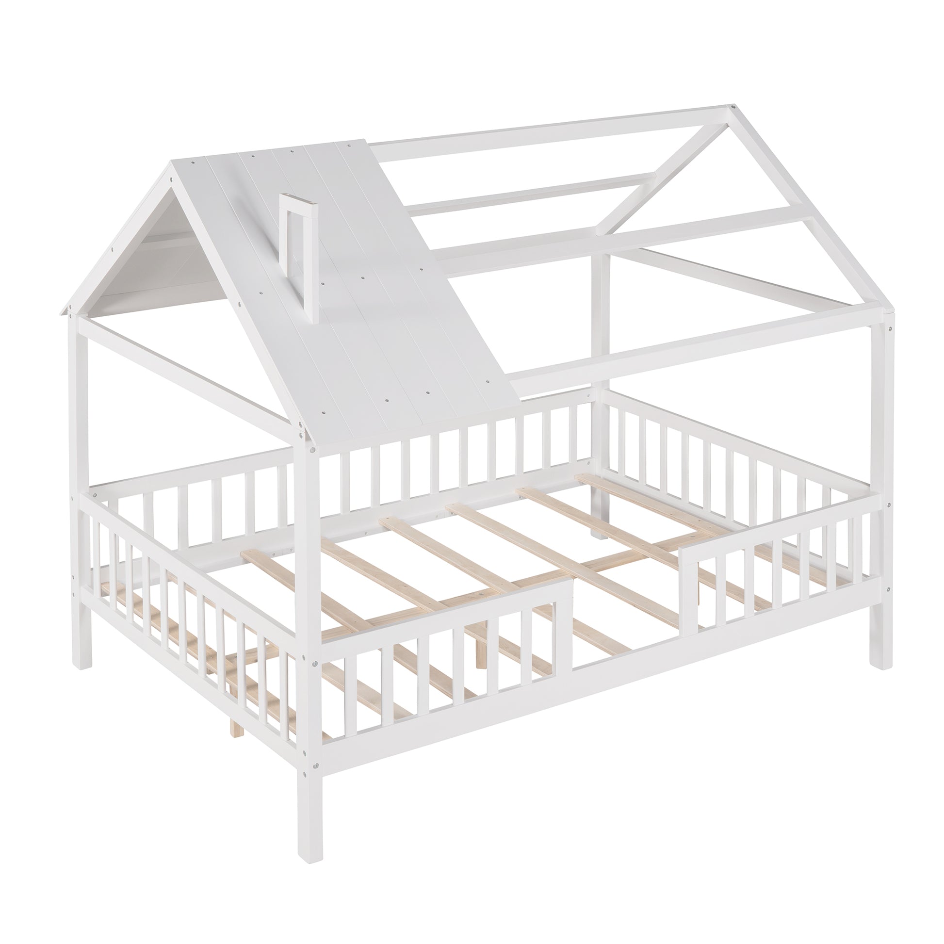 Full Size Wood House Bed With Fence, White White Solid Wood