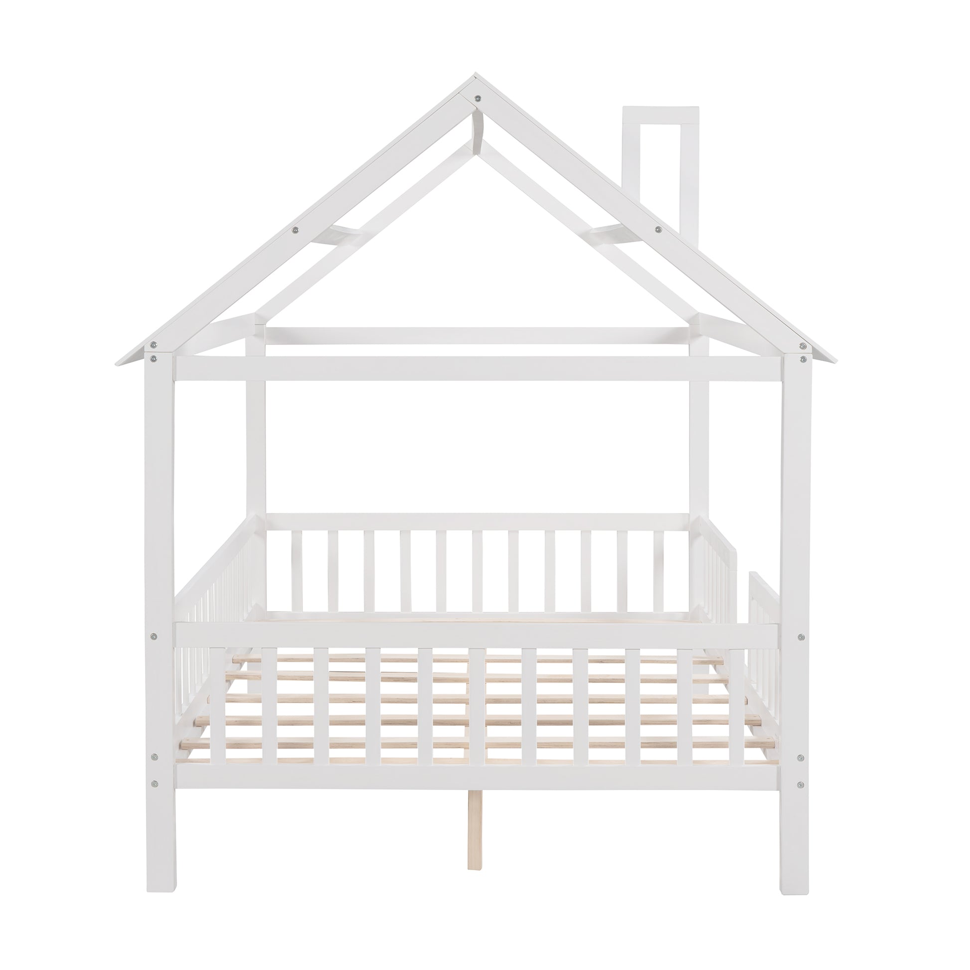 Full Size Wood House Bed With Fence, White White Solid Wood