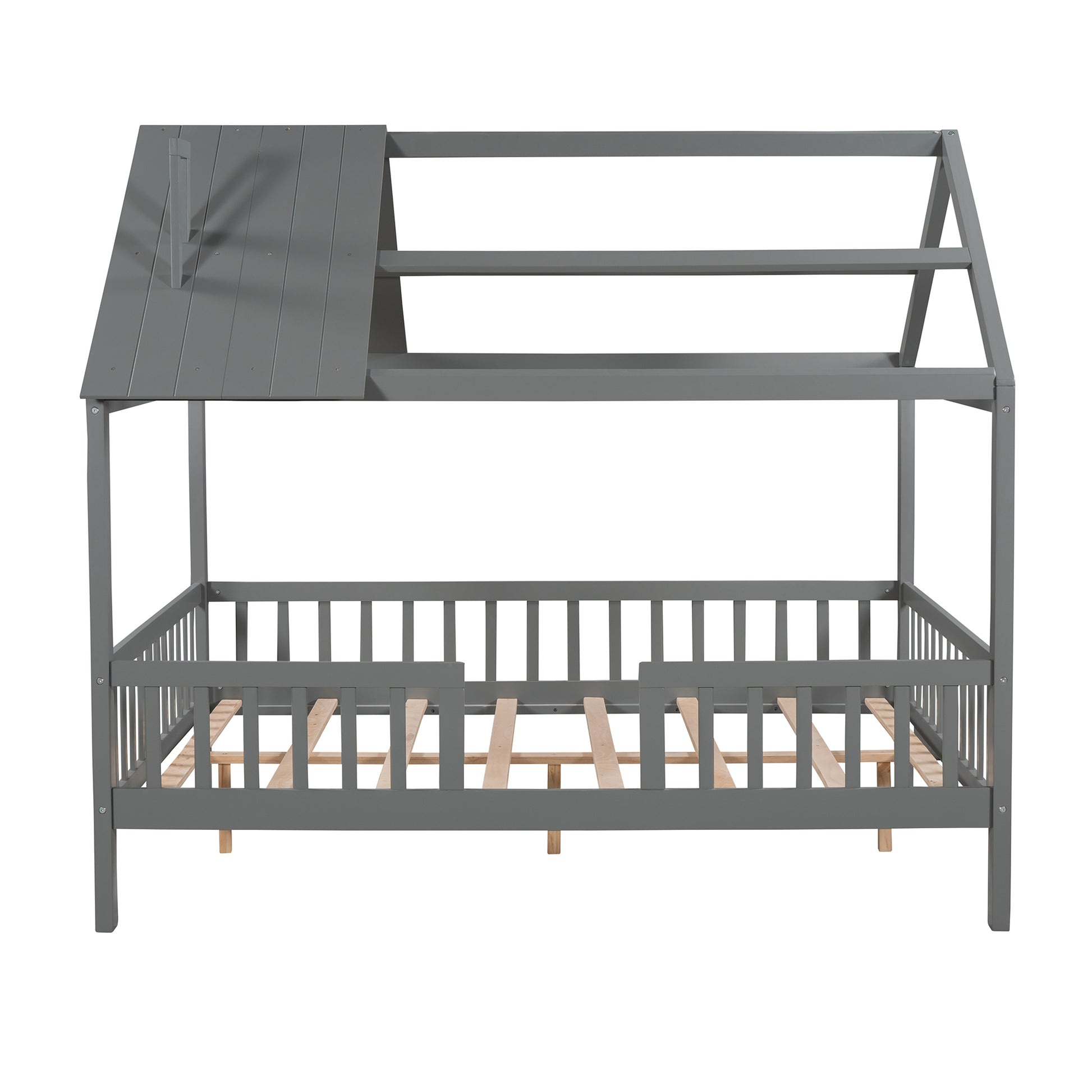 Full Size Wood House Bed With Fence, Gray Gray Solid Wood