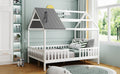 Full Size Wood House Bed With Fence, White Gray White Solid Wood