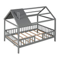 Full Size Wood House Bed With Fence, Gray Gray Solid Wood