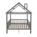 Full Size Wood House Bed With Fence, Gray Gray Solid Wood