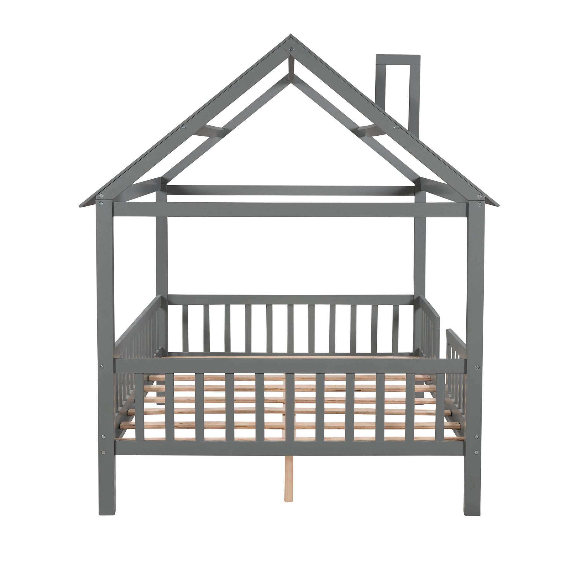Full Size Wood House Bed With Fence, Gray Gray Solid Wood
