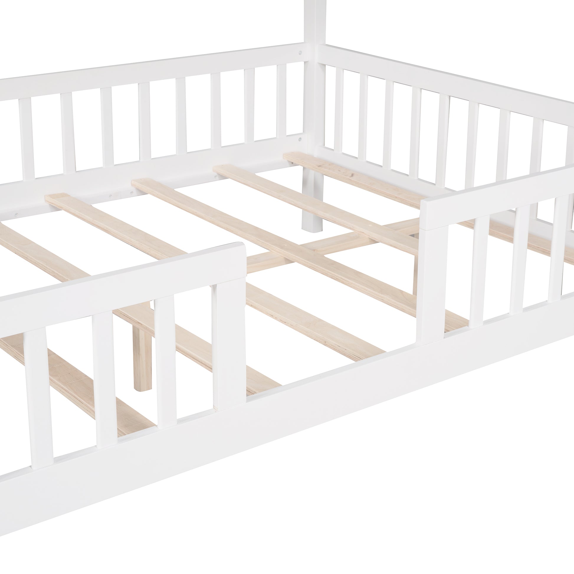 Full Size Wood House Bed With Fence, White Gray White Solid Wood