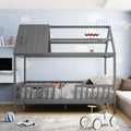 Full Size Wood House Bed With Fence, Gray Gray Solid Wood