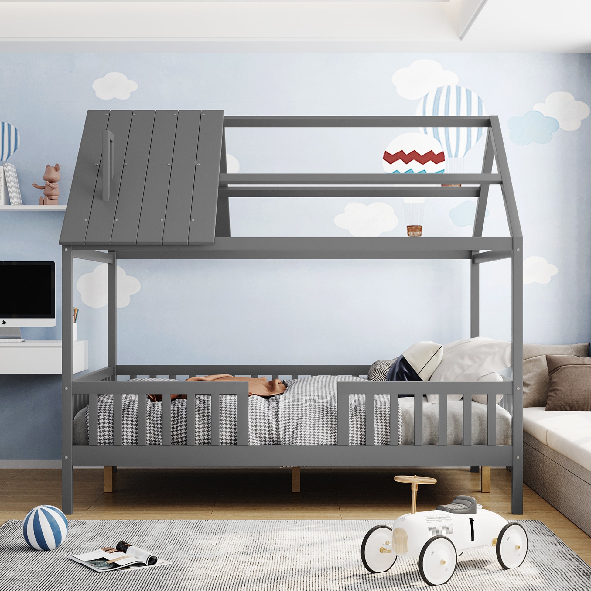Full Size Wood House Bed With Fence, Gray Gray Solid Wood