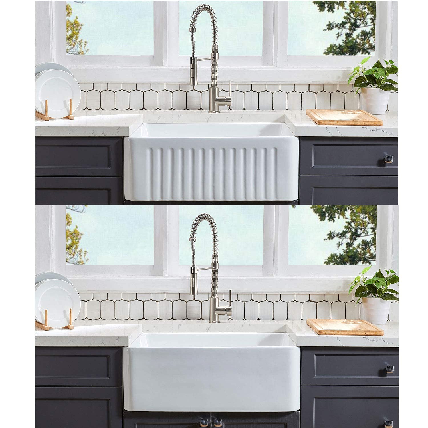 Fireclay 33" L X 20" W Farmhouse Kitchen Sink With Grid And Strainer White Fireclay