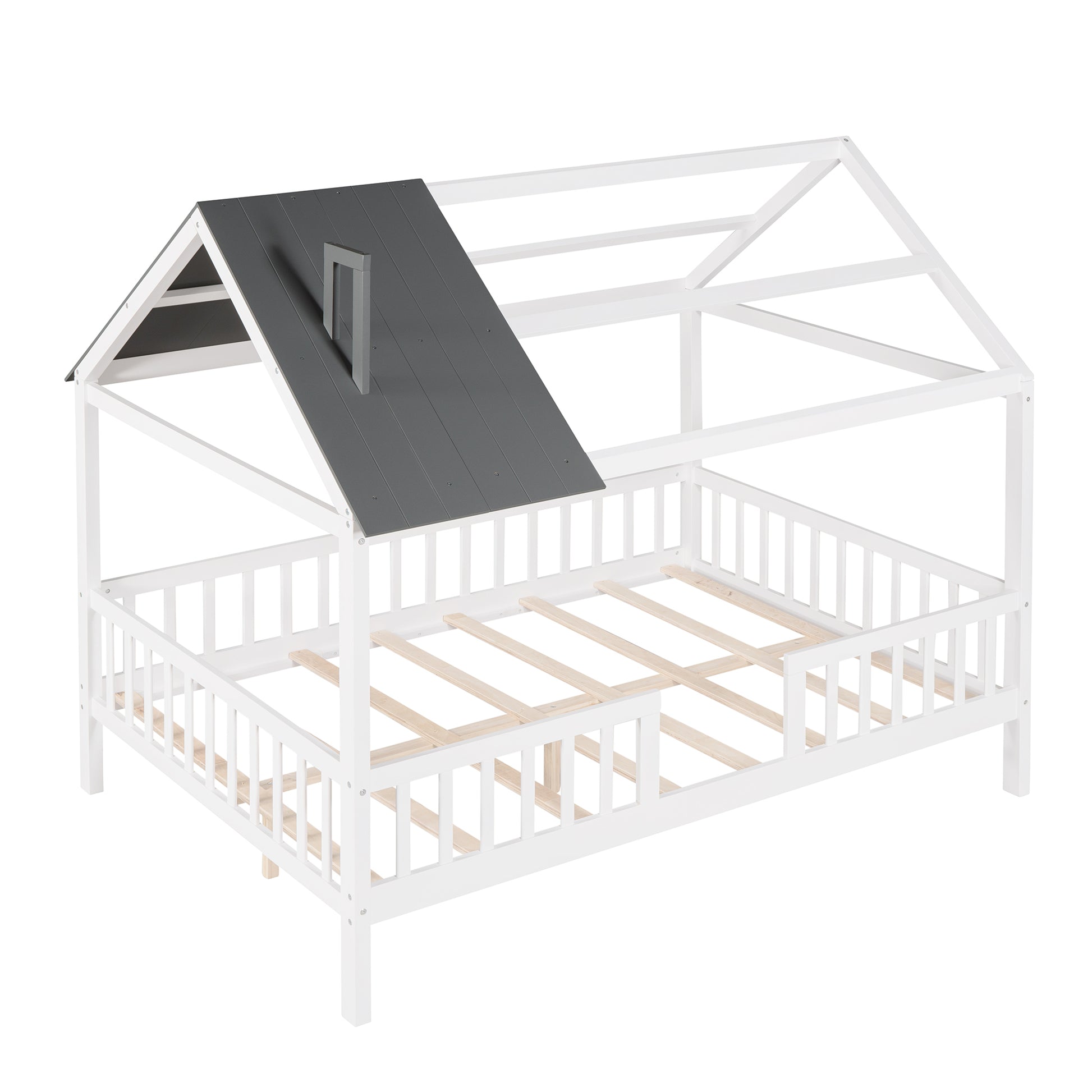 Full Size Wood House Bed With Fence, White Gray White Solid Wood