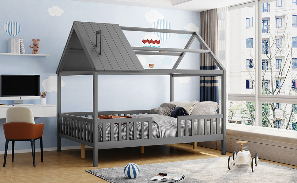 Full Size Wood House Bed With Fence, Gray Gray Solid Wood