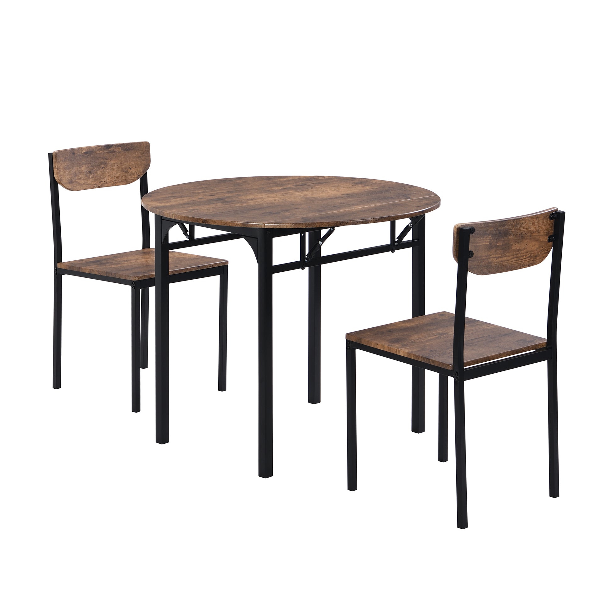 Modern 3 Piece Round Dining Table Set With Drop Leaf And 2 Chairs For Small Places,Black Frame Rustic Brown Finish Rustic Brown Solid Back Seats 2 Metal Dining Room Drop Leaf Folding Modern 4 Leg Round Dining Table With Chair Metal