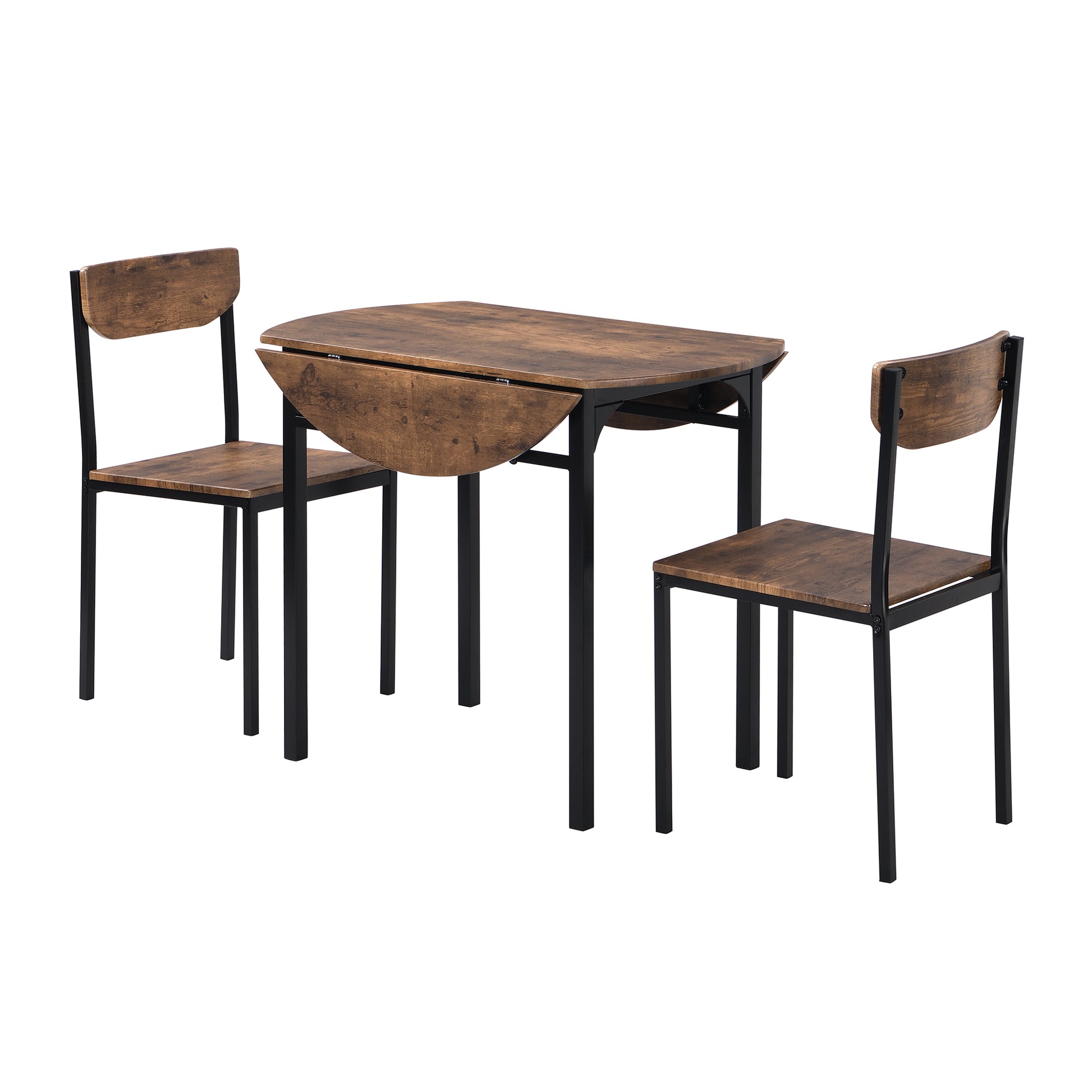 Modern 3 Piece Round Dining Table Set With Drop Leaf And 2 Chairs For Small Places,Black Frame Rustic Brown Finish Rustic Brown Solid Back Seats 2 Metal Dining Room Drop Leaf Folding Modern 4 Leg Round Dining Table With Chair Metal