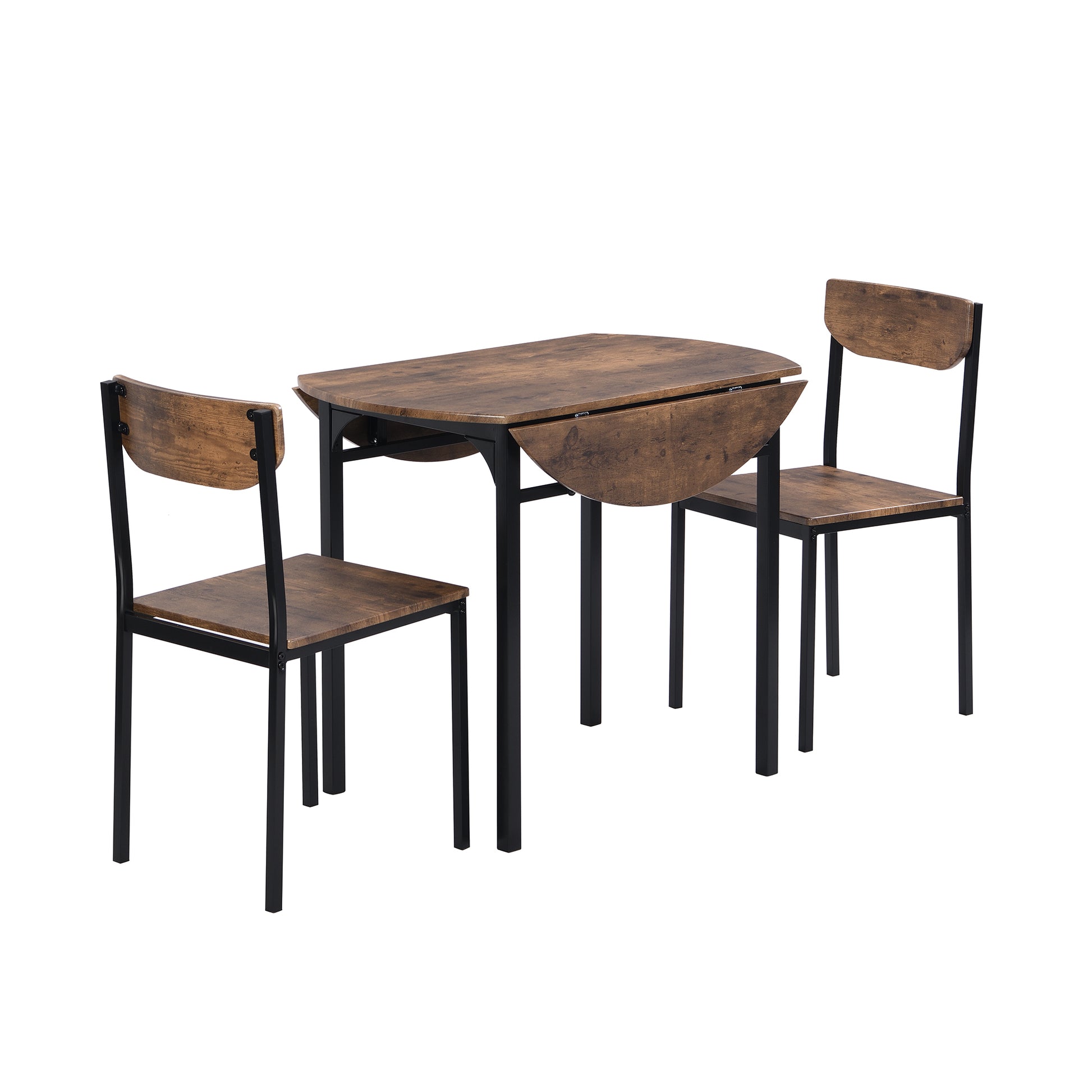 Modern 3 Piece Round Dining Table Set With Drop Leaf And 2 Chairs For Small Places,Black Frame Rustic Brown Finish Rustic Brown Solid Back Seats 2 Metal Dining Room Drop Leaf Folding Modern 4 Leg Round Dining Table With Chair Metal