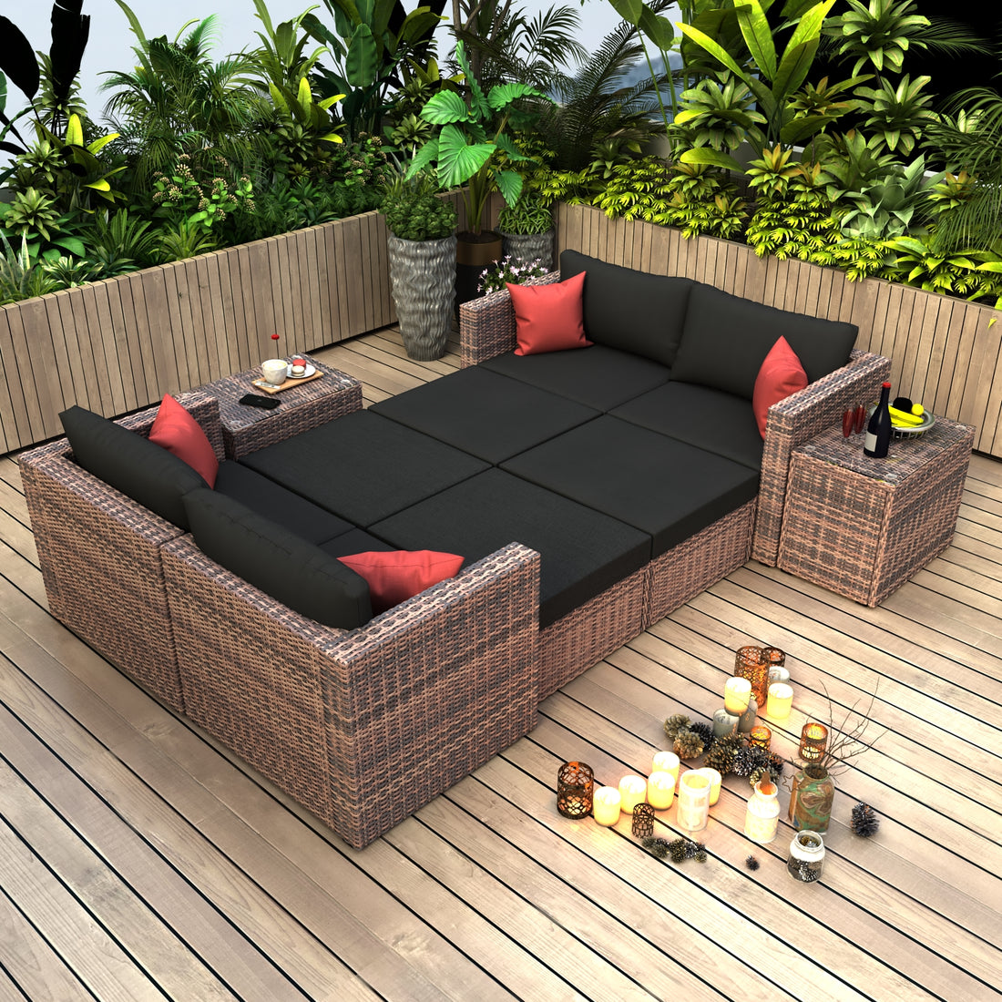 10 Pieces Outdoor Patio Garden Brown Wicker Sectional Conversation Sofa Set With Black Cushions And Red Pillows,W Furniture Protection Cover Yes Brown Seats 8 Mildew Resistant Frame Garden & Outdoor American Design Sectional Seating Groups Wicker Metal