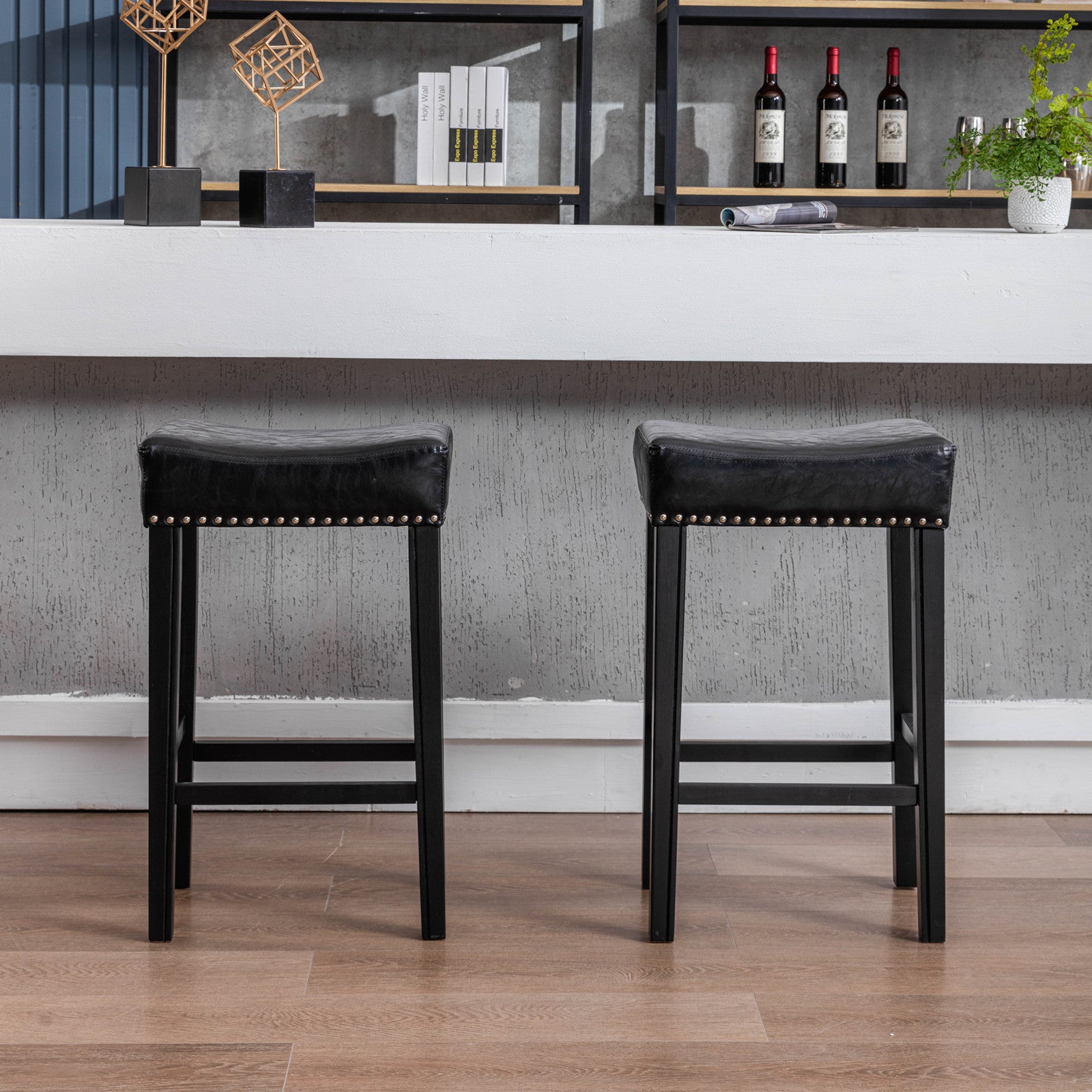 Counter Height 29" Bar Stools For Kitchen Counter Backless Faux Leather Stools Farmhouse Island Chairs 29 Inch, Black, Set Of 2 Black Foam Pu