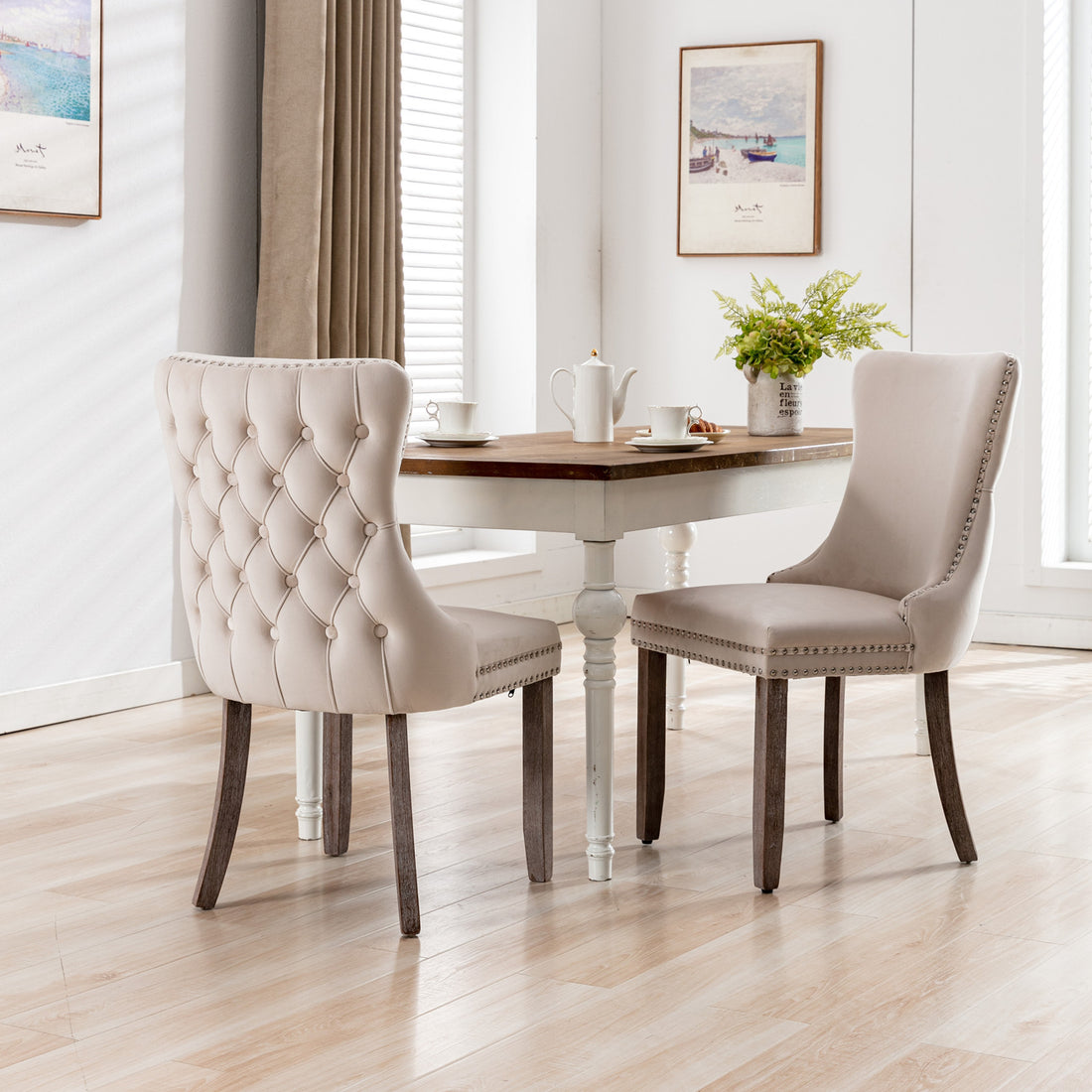 Upholstered Wing Back Dining Chair With Backstitching Trim And Solid Wood Legs,Set Of 2, Beige,Sw8809Bg,Kd Beige Dining Room American Design Rubberwood Foam Velvet