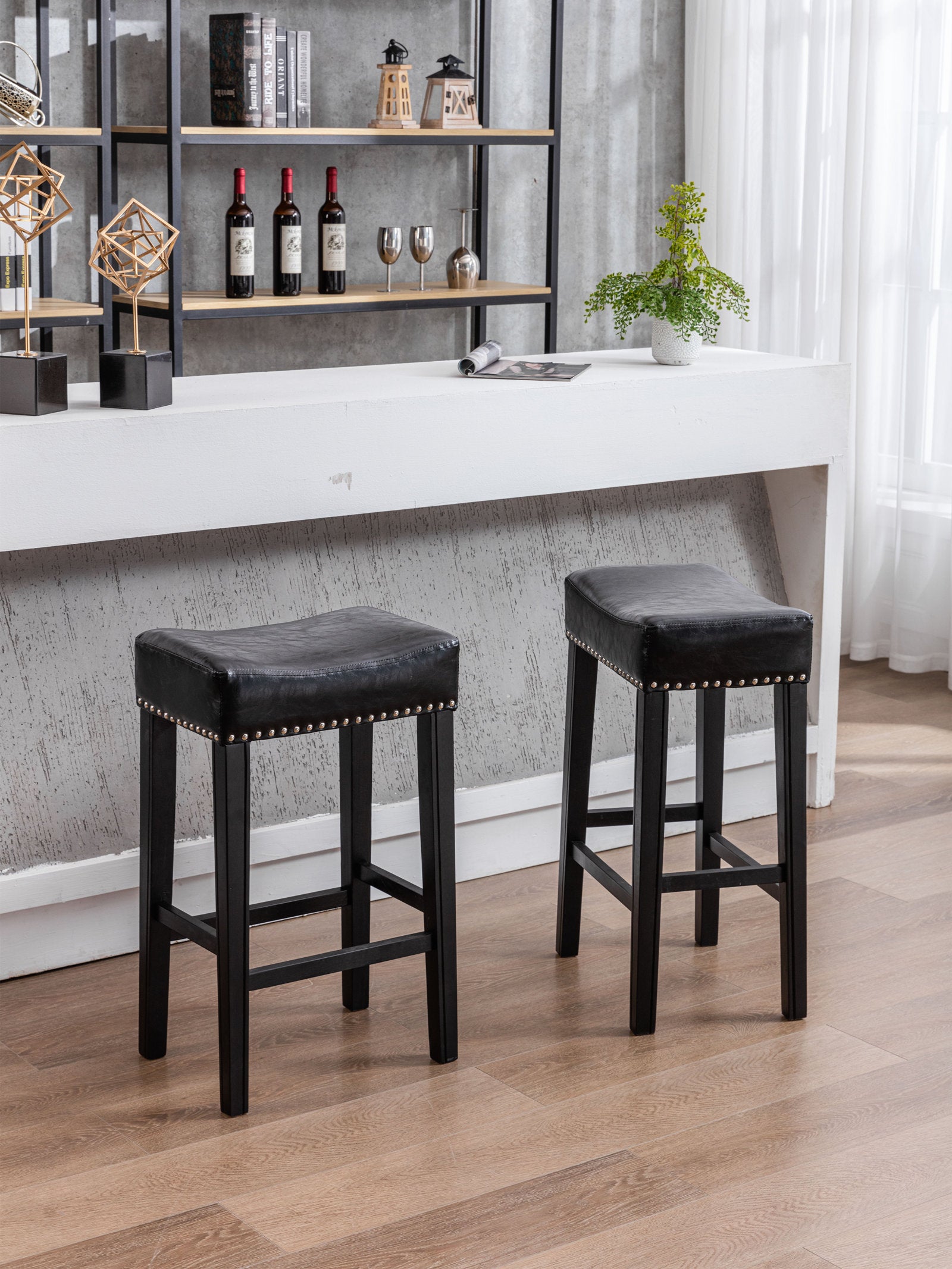 Counter Height 29" Bar Stools For Kitchen Counter Backless Faux Leather Stools Farmhouse Island Chairs 29 Inch, Black, Set Of 2 Black Foam Pu