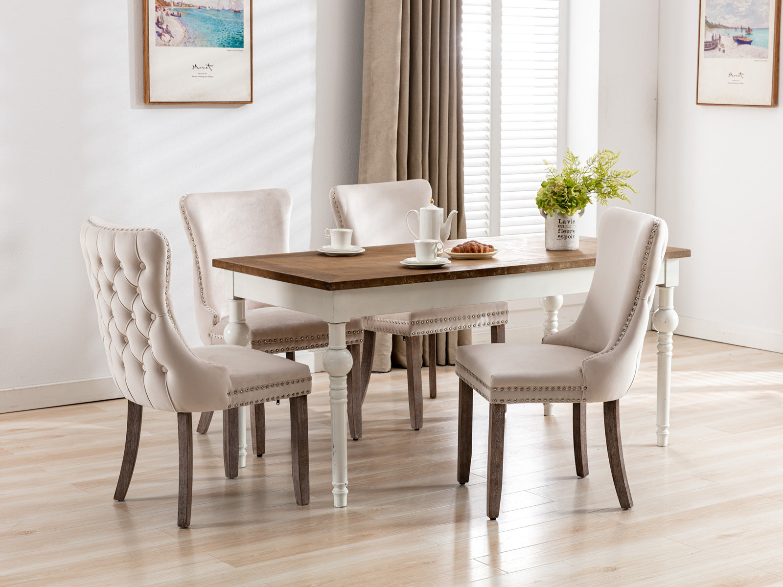 Upholstered Wing Back Dining Chair With Backstitching Trim And Solid Wood Legs,Set Of 2, Beige,Sw8809Bg,Kd Beige Dining Room American Design Rubberwood Foam Velvet