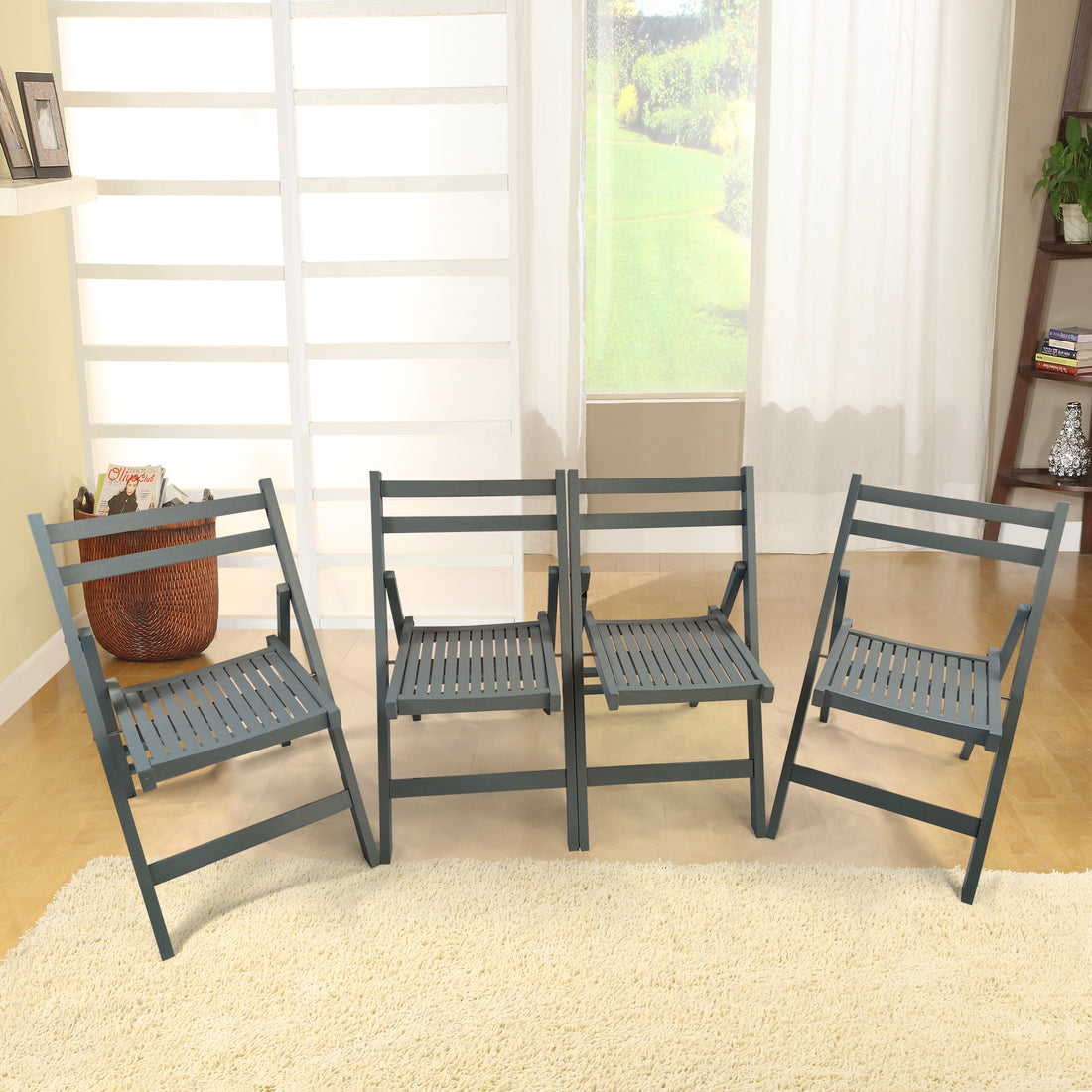Furniture Slatted Wood Folding Special Event Chair Gray, Set Of 4, Folding Chair, Foldable Style Gray Solid Wood