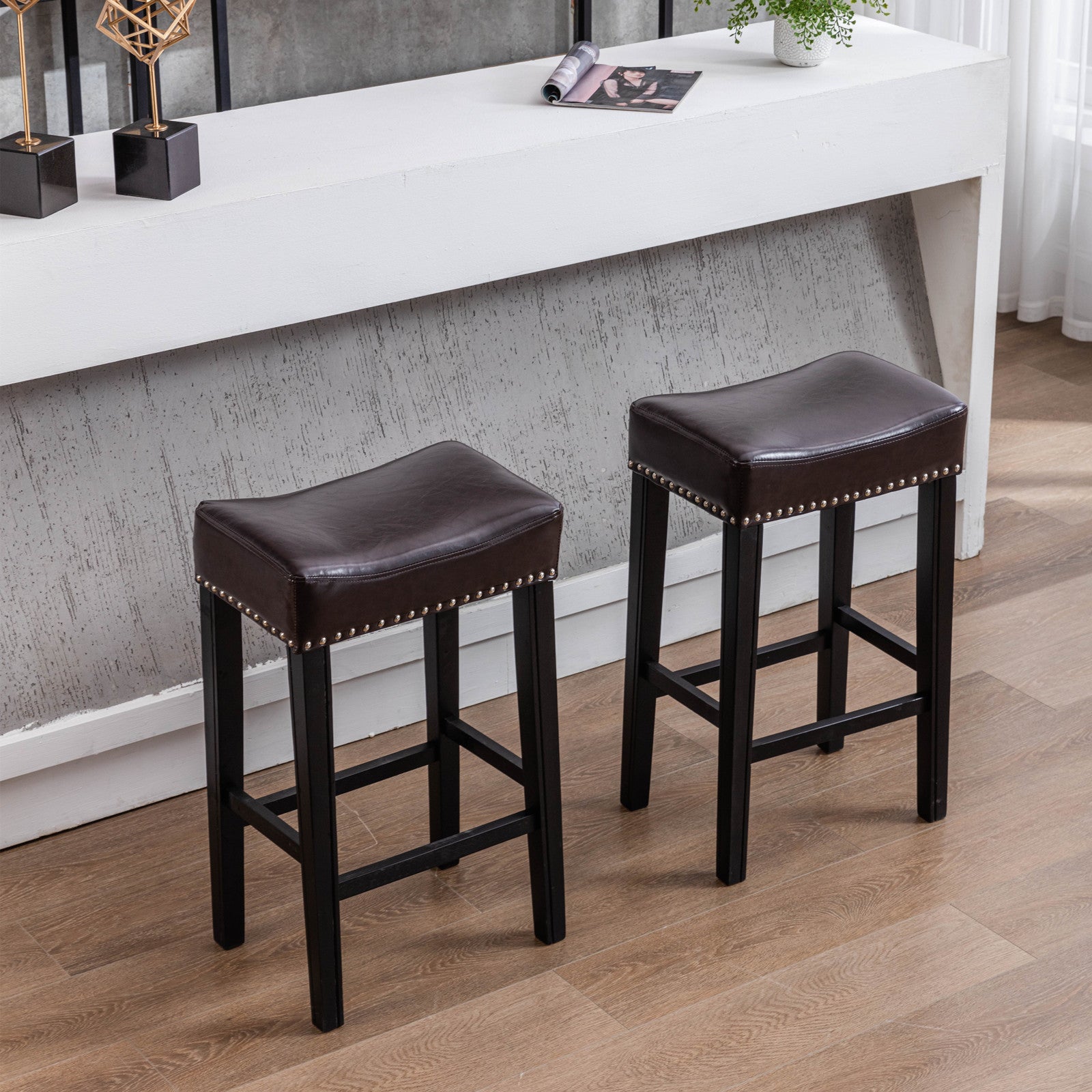 Counter Height 29" Bar Stools For Kitchen Counter Backless Faux Leather Stools Farmhouse Island Chairs,29 Inch, Brown, Set Of 2 Brown Foam Pu