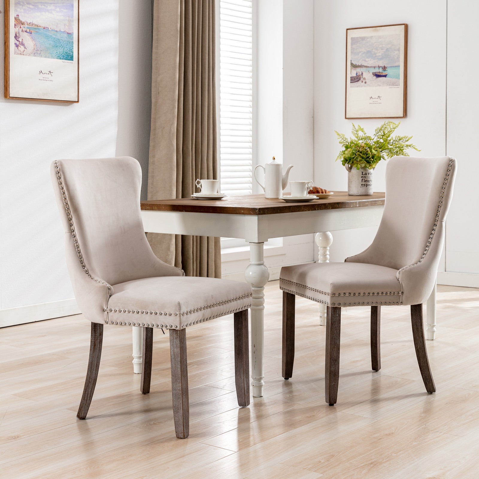 Upholstered Wing Back Dining Chair With Backstitching Trim And Solid Wood Legs,Set Of 2, Beige,Sw8809Bg,Kd Beige Dining Room American Design Rubberwood Foam Velvet