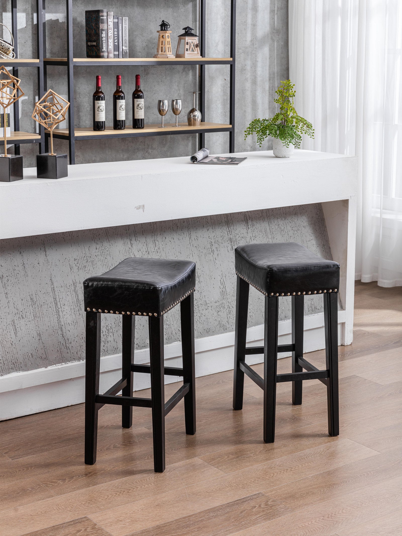 Counter Height 29" Bar Stools For Kitchen Counter Backless Faux Leather Stools Farmhouse Island Chairs 29 Inch, Black, Set Of 2 Black Foam Pu