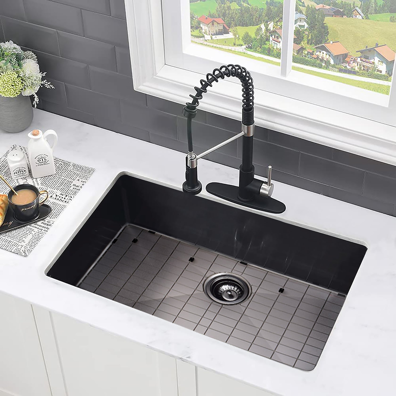 30" L X 18" W Undermount Kitchen Sink With Sink Grid Gunmetal Black Stainless Steel