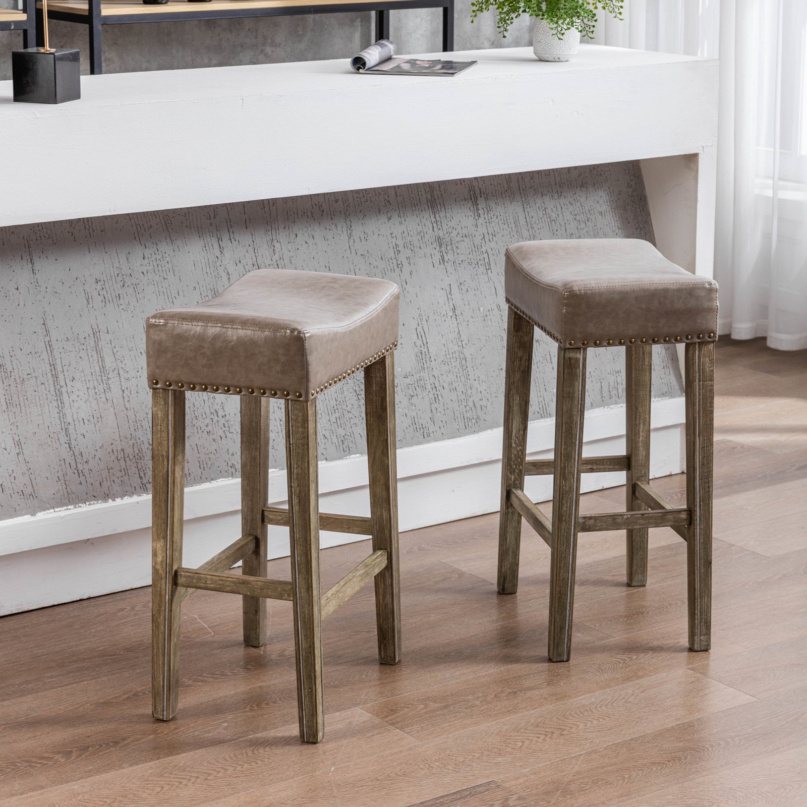 Counter Height 29" Bar Stools For Kitchen Counter Backless Faux Leather Stools Farmhouse Island Chairs 29 Inch, Gray, Set Of 2 Gray Foam Pu