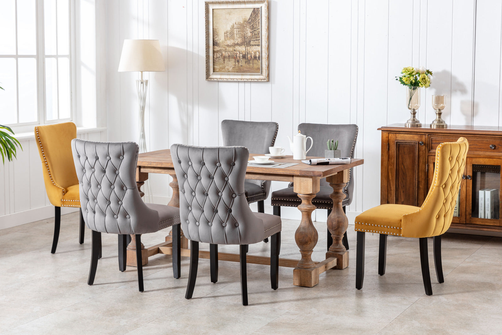 Upholstered Wing Back Dining Chair With Backstitching Trim And Solid Wood Legs,Set Of 2, Gray,Sw8809Gy, Kd Gray Dining Room American Design Rubberwood Foam Velvet