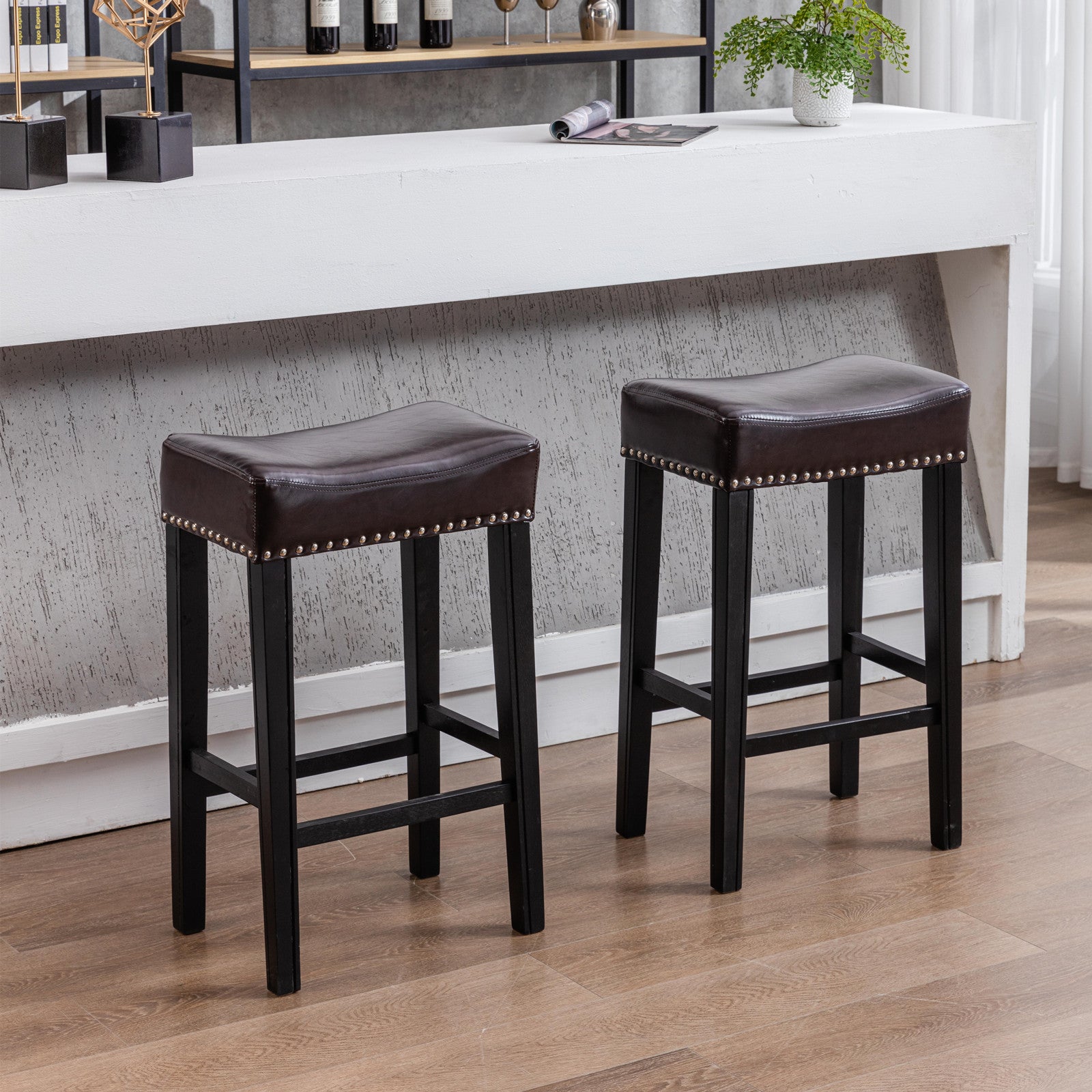 Counter Height 29" Bar Stools For Kitchen Counter Backless Faux Leather Stools Farmhouse Island Chairs,29 Inch, Brown, Set Of 2 Brown Foam Pu