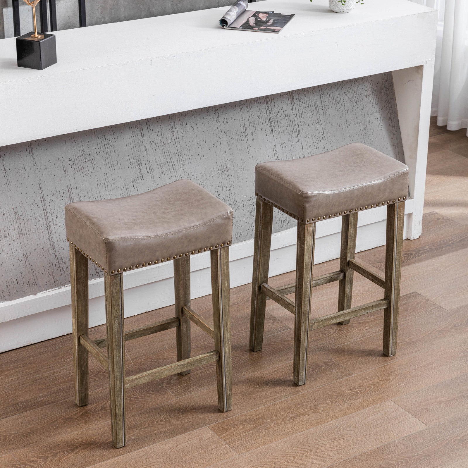 Counter Height 29" Bar Stools For Kitchen Counter Backless Faux Leather Stools Farmhouse Island Chairs 29 Inch, Gray, Set Of 2 Gray Foam Pu