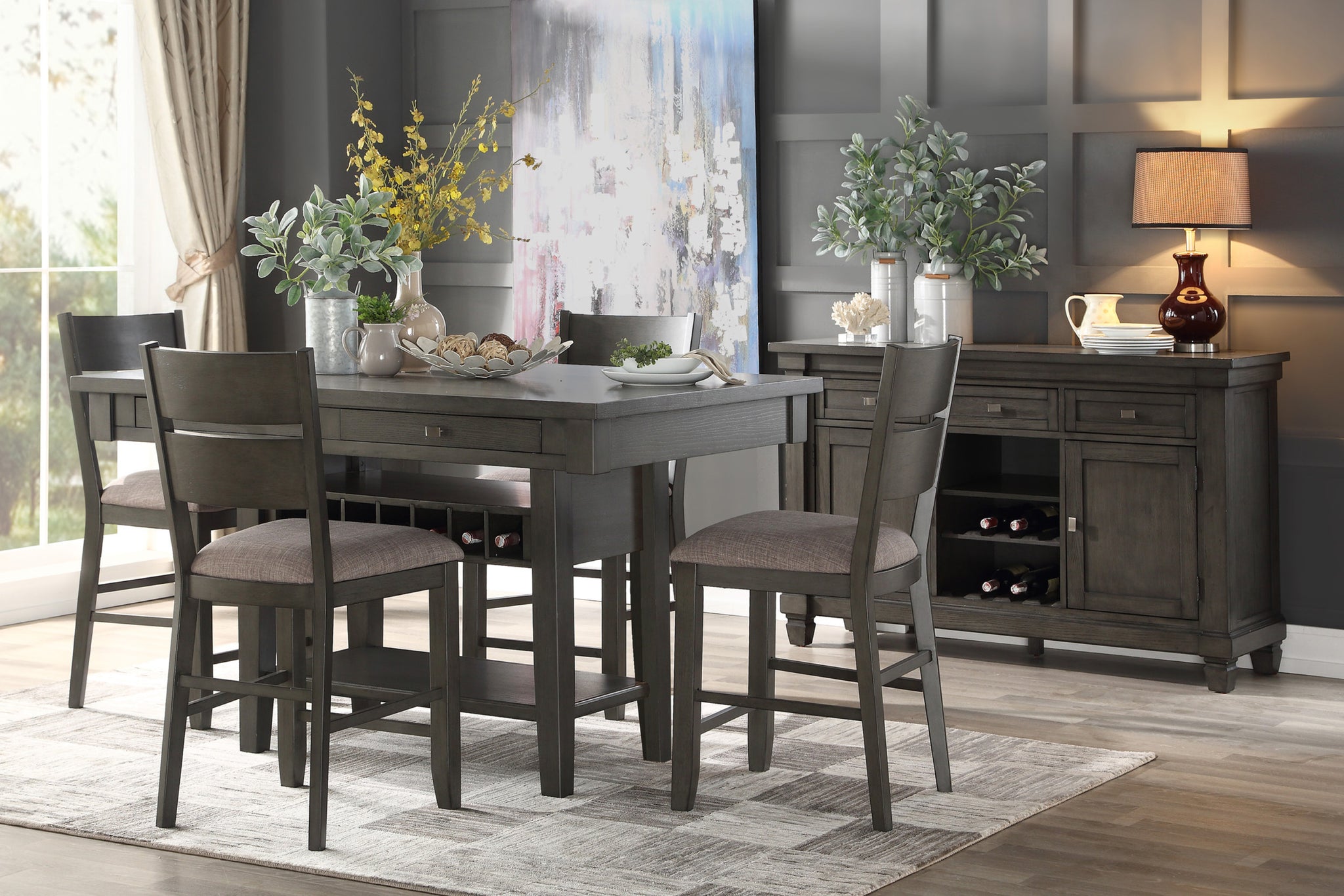 Counter Height 5pc Dining Set Gray Finish Dining Table wood-wood-gray-seats 4-wood-dining
