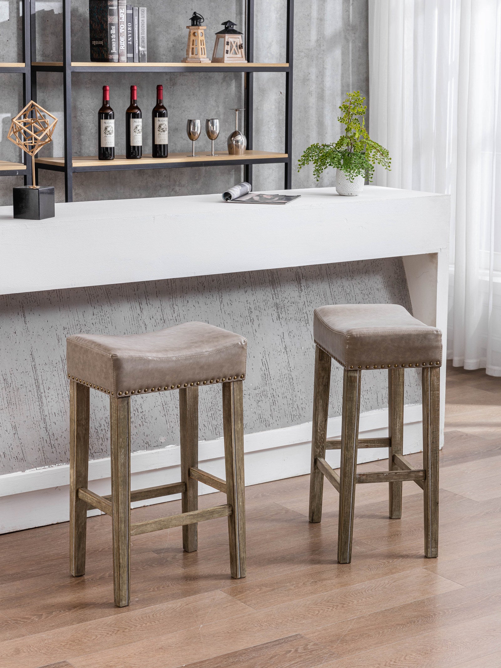 Counter Height 29" Bar Stools For Kitchen Counter Backless Faux Leather Stools Farmhouse Island Chairs 29 Inch, Gray, Set Of 2 Gray Foam Pu