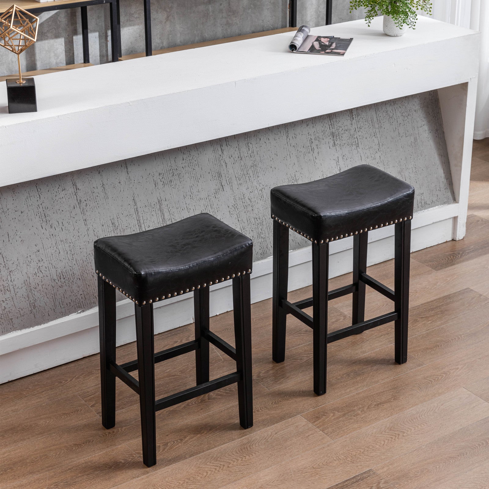 Counter Height 29" Bar Stools For Kitchen Counter Backless Faux Leather Stools Farmhouse Island Chairs 29 Inch, Black, Set Of 2 Black Foam Pu