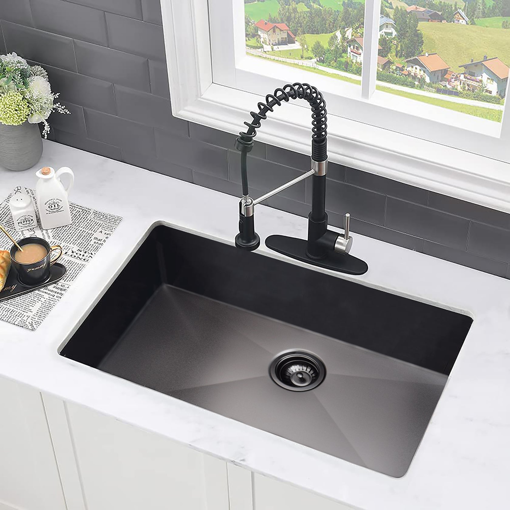 30" L X 18" W Undermount Kitchen Sink With Sink Grid Gunmetal Black Stainless Steel