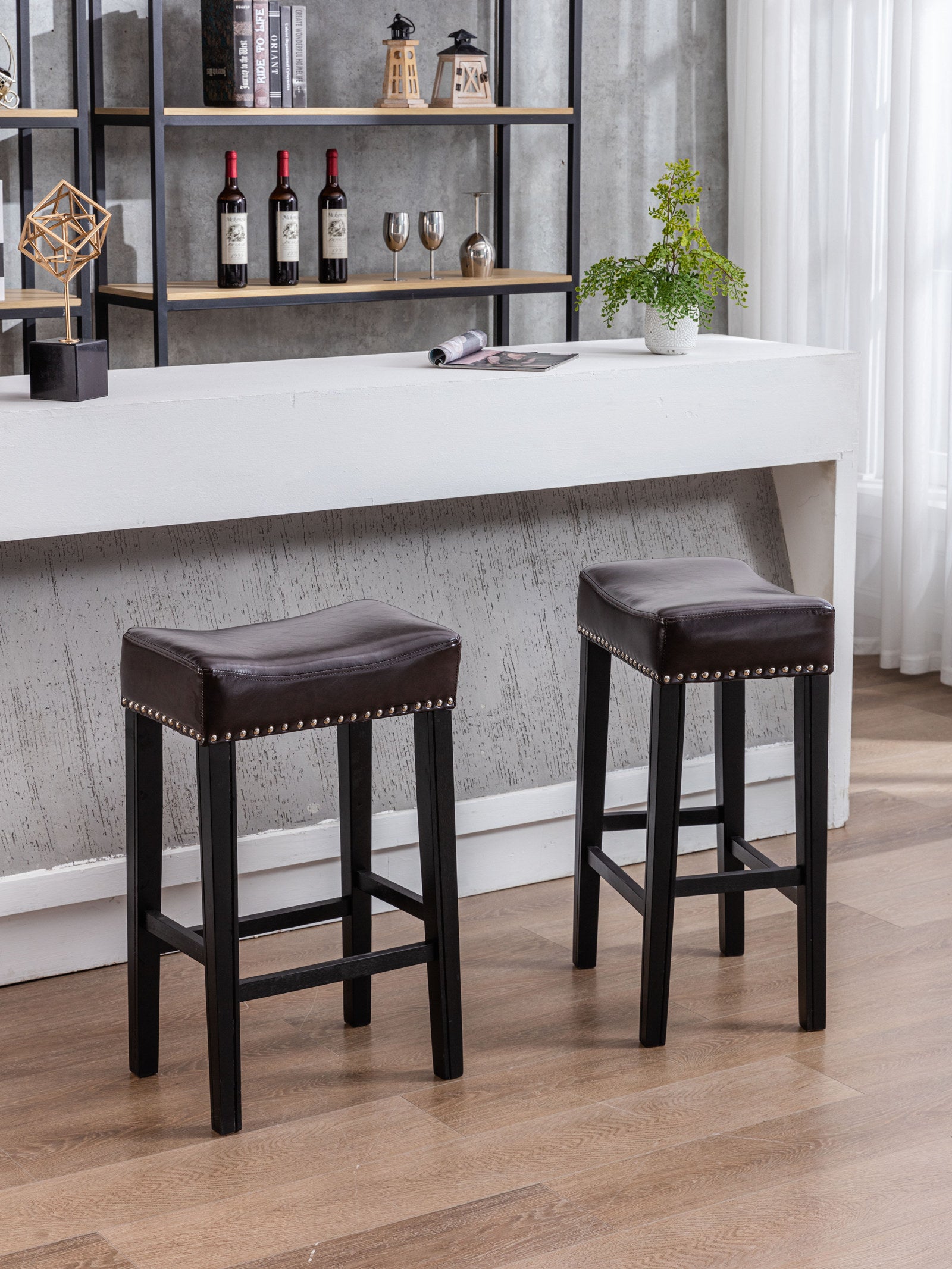 Counter Height 29" Bar Stools For Kitchen Counter Backless Faux Leather Stools Farmhouse Island Chairs,29 Inch, Brown, Set Of 2 Brown Foam Pu